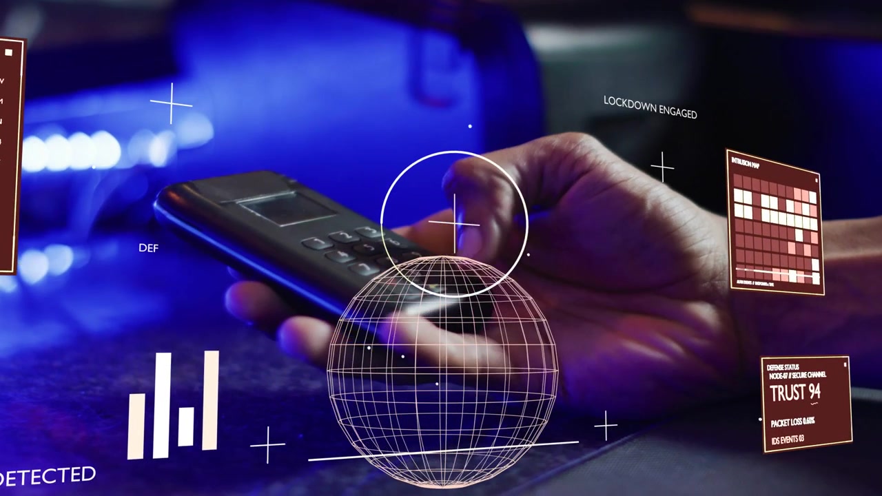 Female right hand entering on intrusion alert, pressing keypad as globe HUD animating security lock