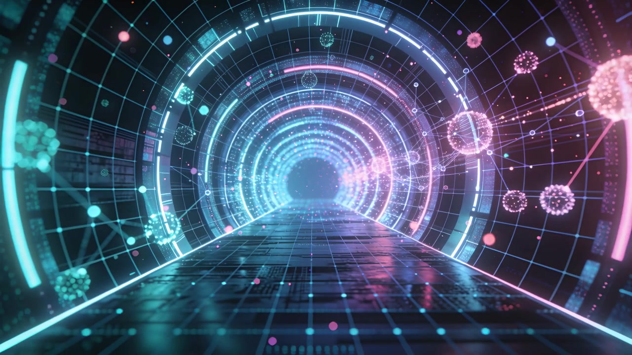 Moving neon tunnel pushing forward on play drawing viewer inward with shiny floor and pulsing rings