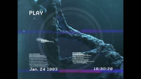 animación de la pantalla de reproducción sobre una cadena de adn giratoria en un fondo oscuro