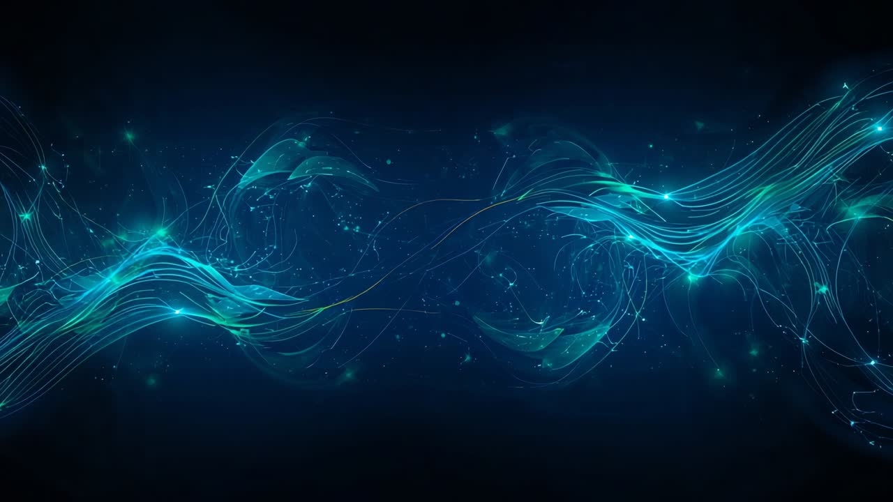 Emerging turquoise ribbons flowing into dark void, emitting pulsing particles and distortions
