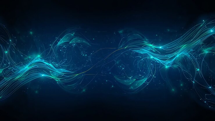 Emerging turquoise ribbons flowing into dark void, emitting pulsing particles and distortions