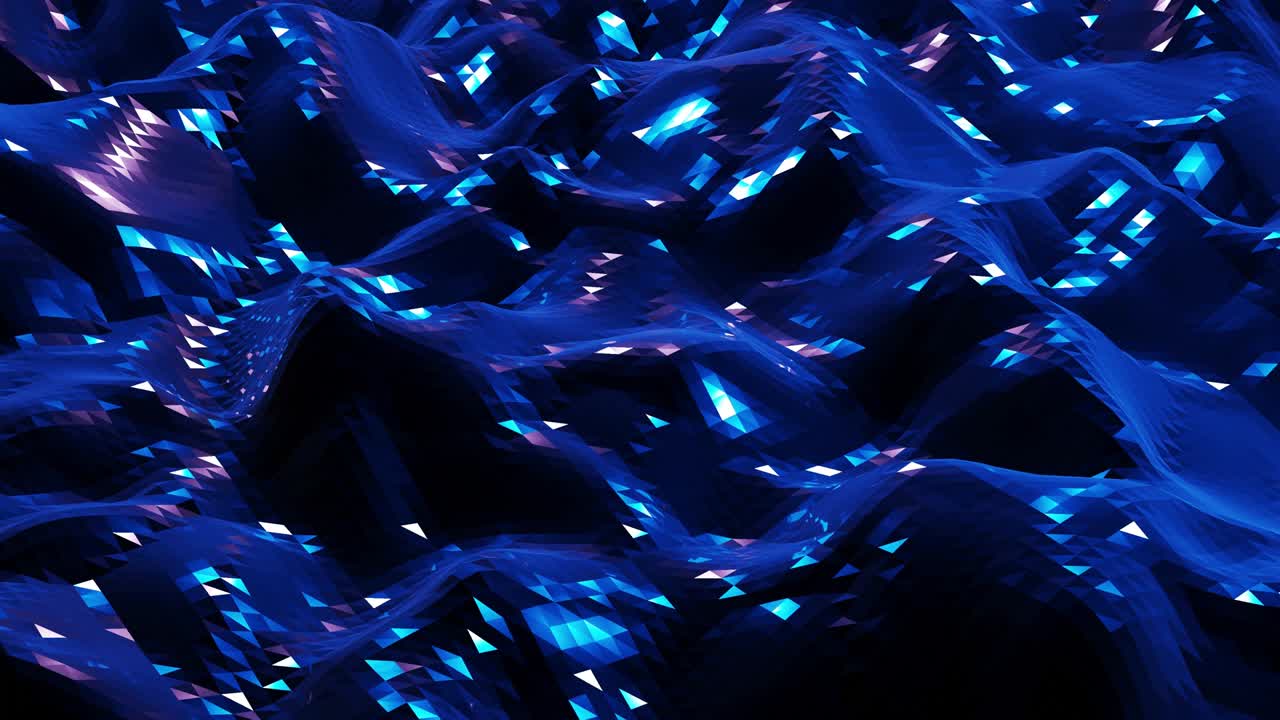 4k에서 세련된 어두운 추상적인 낮은 폴리 배경, 추상적인 파동은 반이는 금속 표면에서 루프로 움직입니다, 부드러운 부드러운 무 애니메이션, 간단한 미니멀리즘 기하학, 푸른 색.