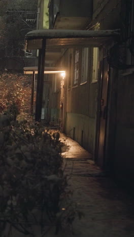 entrada de un edificio residencial iluminada por una cálida luz amarilla, rodeada de arbustos cubiertos de nieve y coches estacionados bajo árboles helados