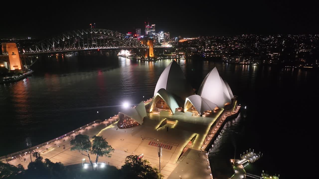 Opera House in Sydney aerial night. Famous landmarks of Australian metropolitan city.