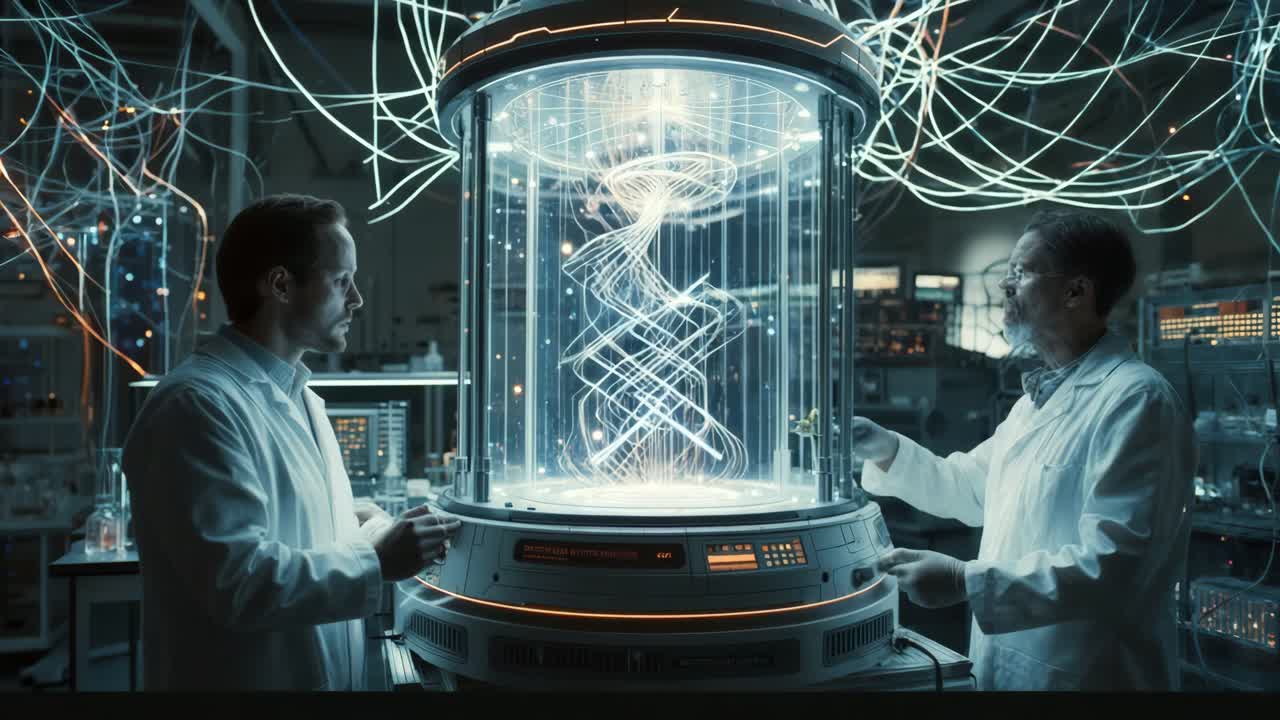 Scientists Observing DNA Experiment in Futuristic Lab