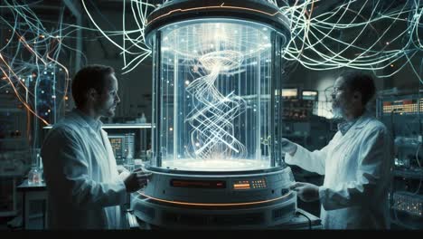 scientists observing dna experiment in futuristic lab