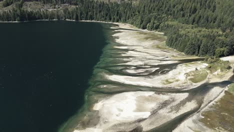 Flight-over-birds-flying-from-Jervis-Inlet-river-deltas,-BC,-Canada