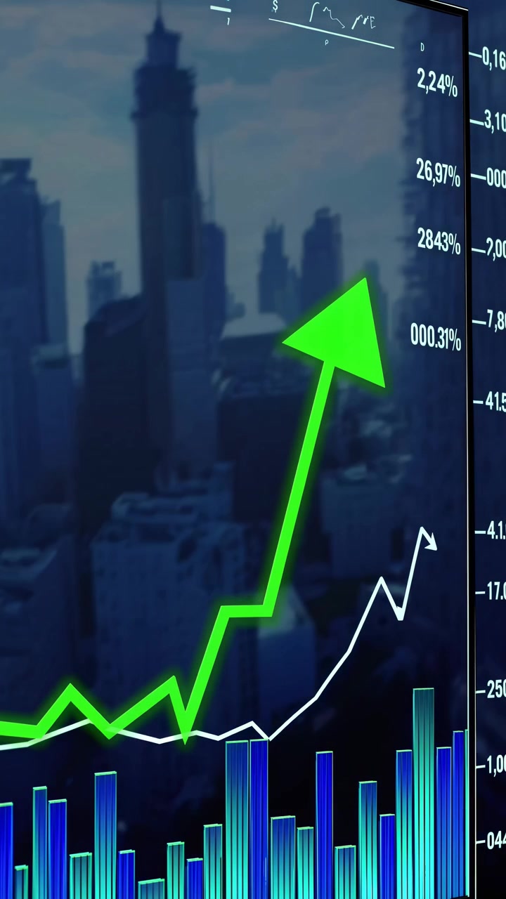 Grafico animato di crescita finanziaria su uno sfondo di città moderna