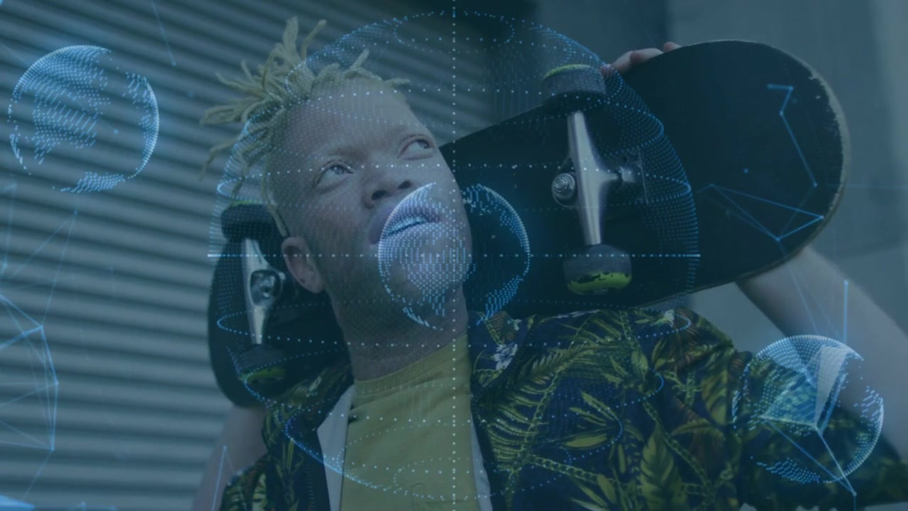 Holographic overlay appearing, male holding board on neck, adjusting, rotating and visualizing data