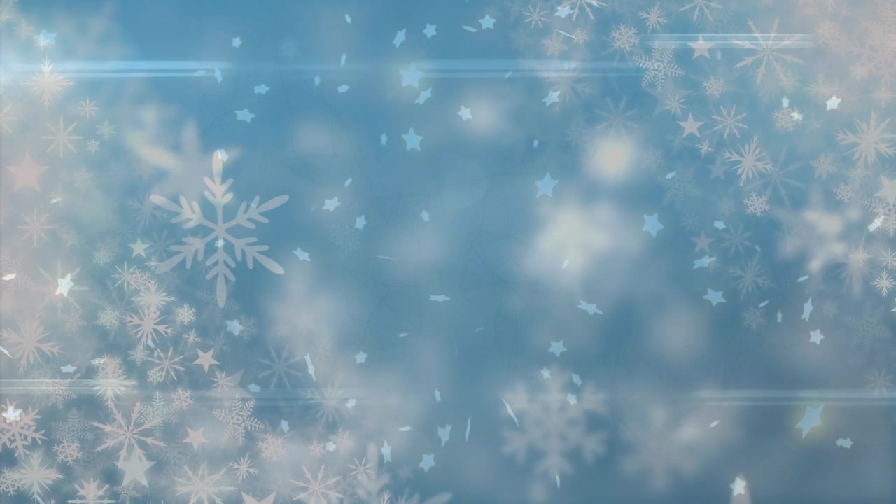Animazione di neve che cade e stelle su un paesaggio blu.