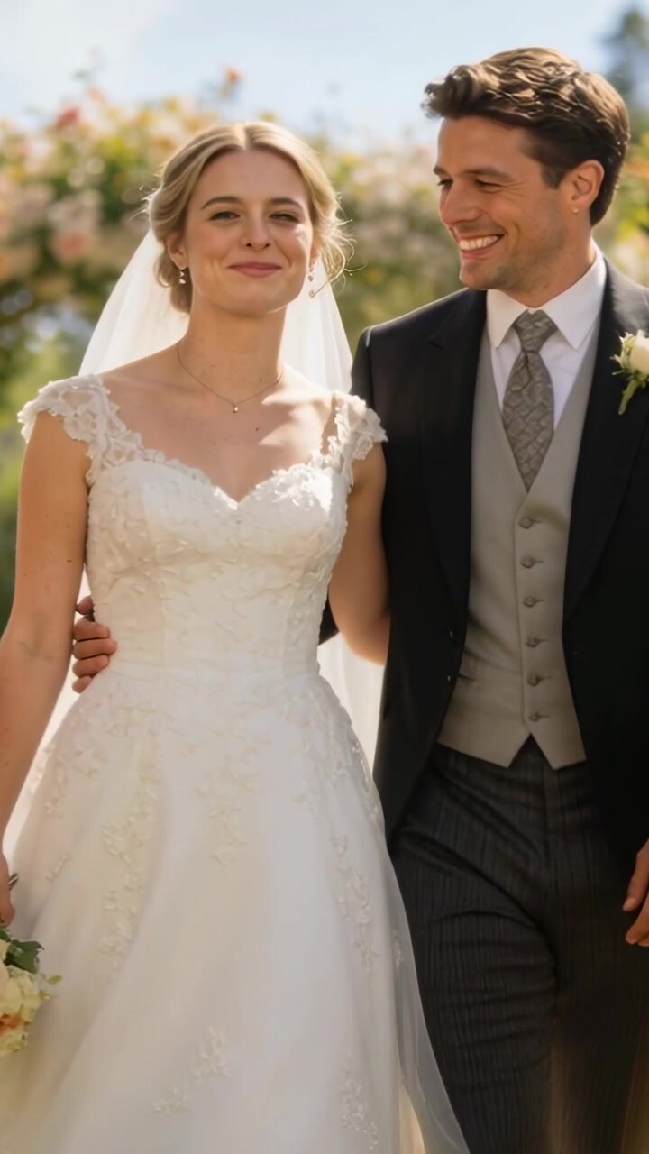 Vertical video: After vows walking bride and groom in formal wear in garden holding bouquet by arch
