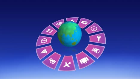 Animation-of-travel-icons-with-globe-on-sky-background