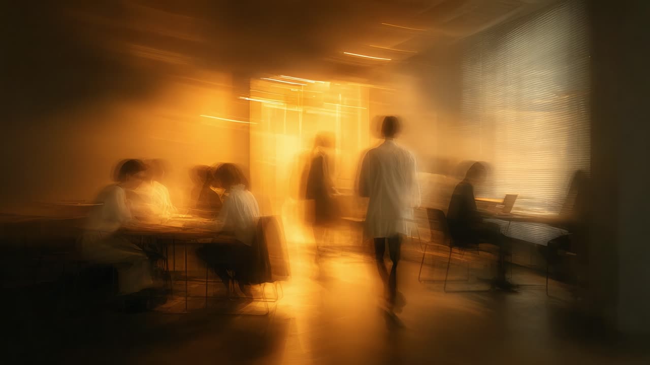 An Ethereal Gathering of Individuals in a Softly Lit Room, Emphasizing Movement and Interaction Amidst a Warm Golden-Hued Atmosphere