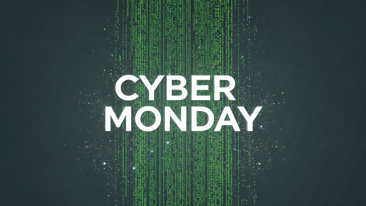Animating two-line white headline CYBER MONDAY centered, frames driving green code promoting sale