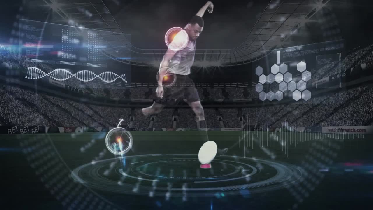 럭비 선수가 티에서 축구를  ⁇ 고 있습니다.