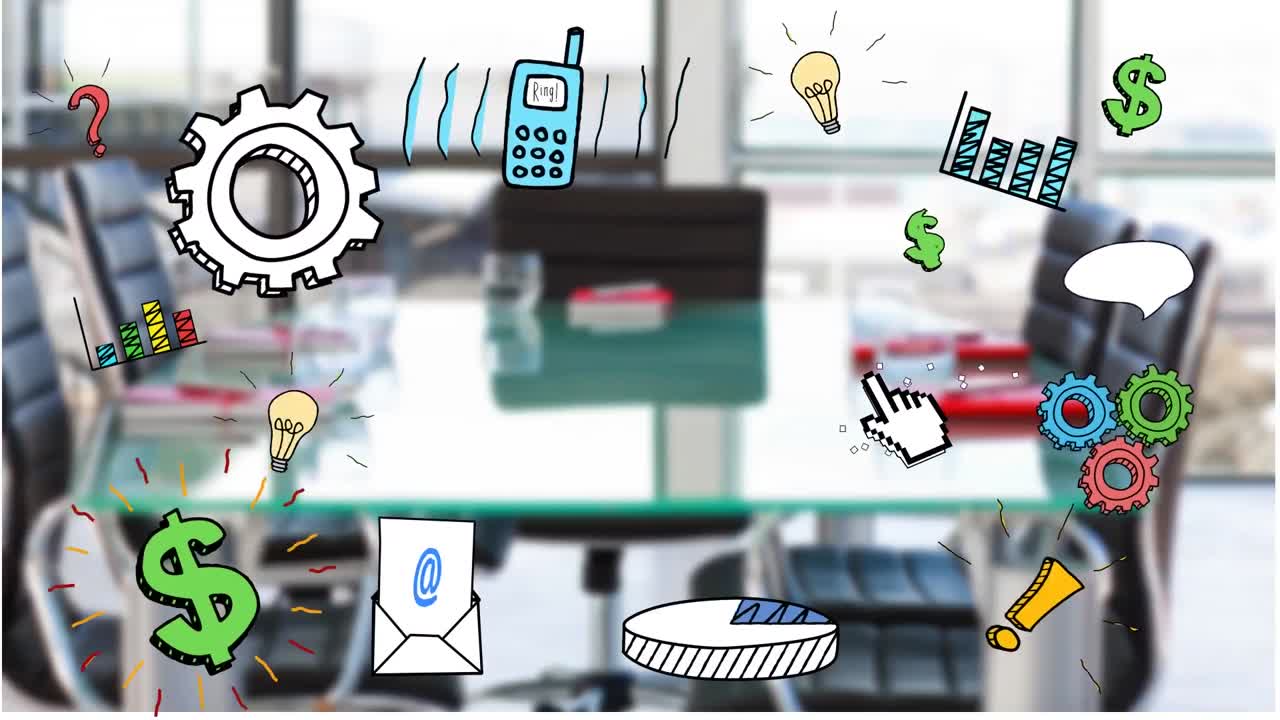 사무실의 회의실 위에 비즈니스 아이콘의 애니메이션