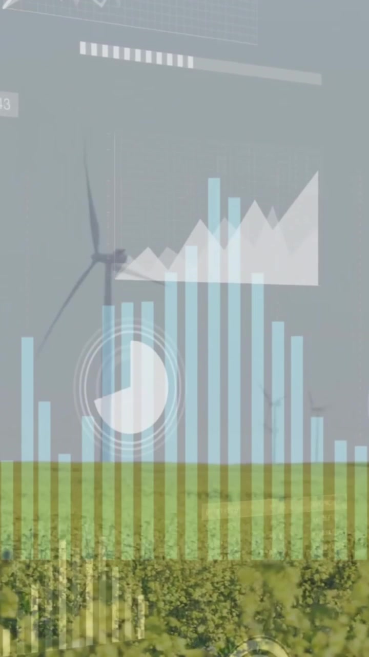 Animazione di elaborazione dati e diagrammi su turbine eoliche in un campo