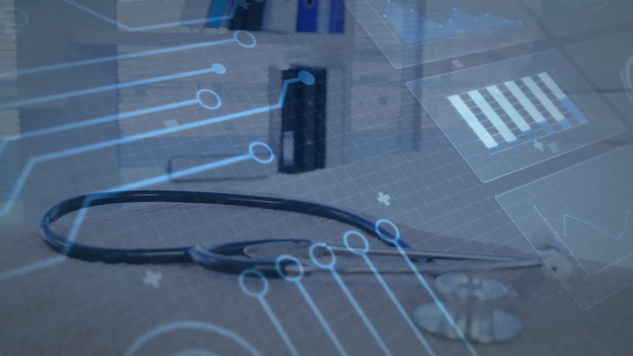 Digital circuit animation over office desk with documents and folders
