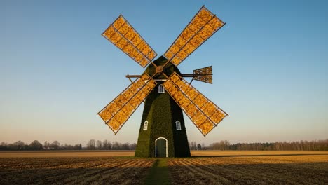 a stunning windmill at sunset: an eye-catching, colorful scene of a green windmill with golden blades against a clear blue sky in a serene landscape setting
