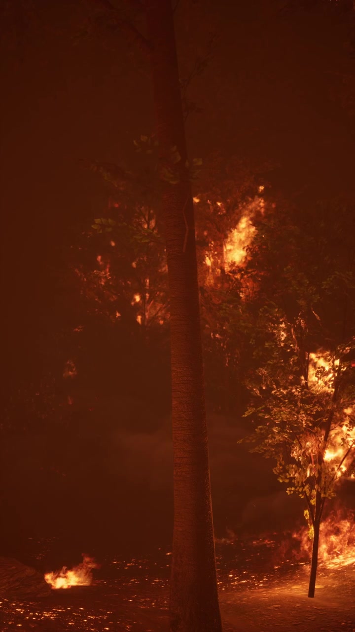 Incendio boschivo avvolge la foresta di notte creando una scena drammatica e agghiacciante