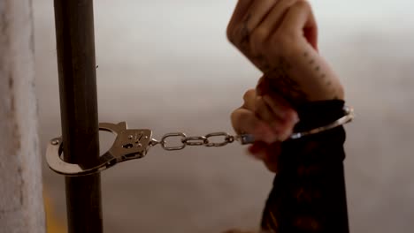 Tattooed woman handcuffed to a pillar in industrial warehouse struggling to escape, close up