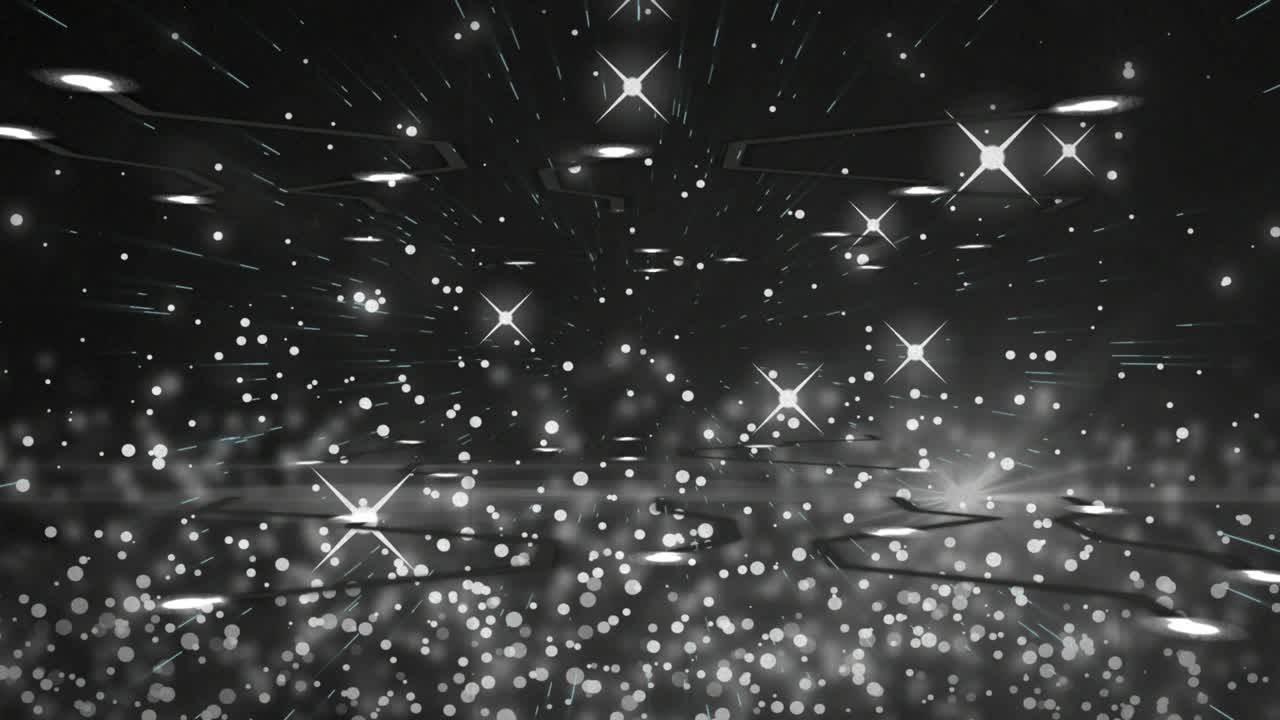 Star flares emerging from black field sending streaks and pulsing dots simulating forward motion