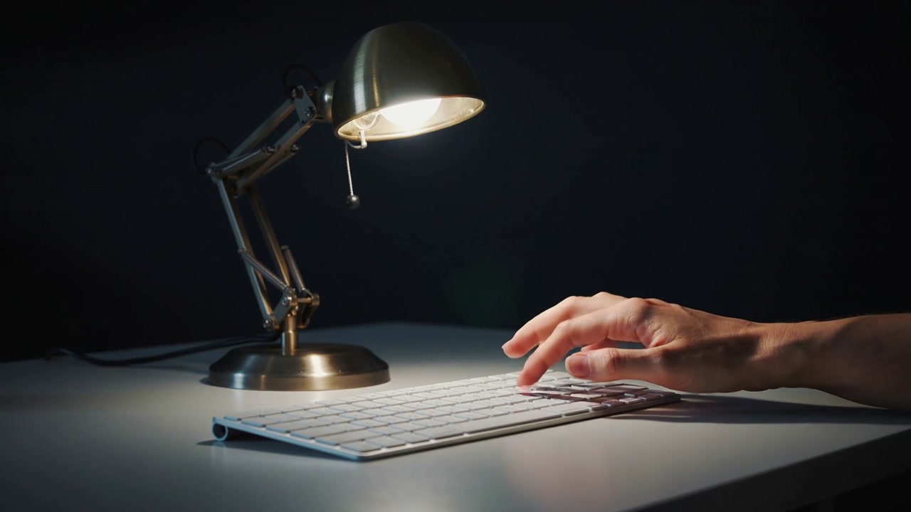 Entering from right bare forearm adjusting lamp to light keyboard then typing at desk, copy space