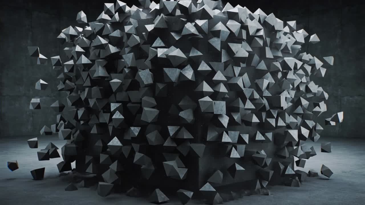 Panel-cracking dark stone cube ripping, sprouting angular shards on concrete pallet, revealing core
