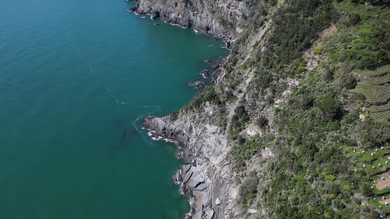 Vernazza Cinque Terre Italia, volo aereo sopra le scogliere a picco sull'oceano