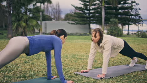 sport pair plank holding at park. active ladies training body at couple workout