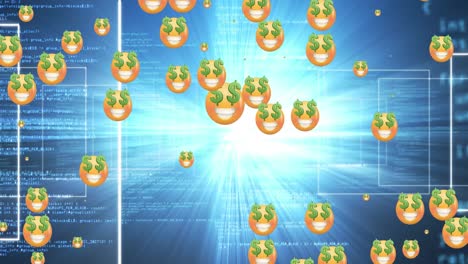 Animation-Von-Emoticons-Mit-Blinkenden-Dollars-über-Der-Datenverarbeitung-Auf-Blauem-Hintergrund