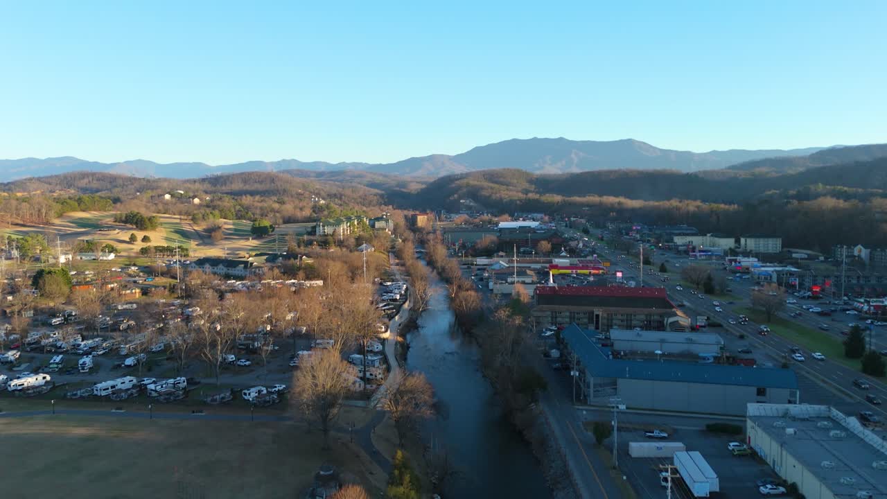Piegon Forge, TN aerial pull out at sunset.