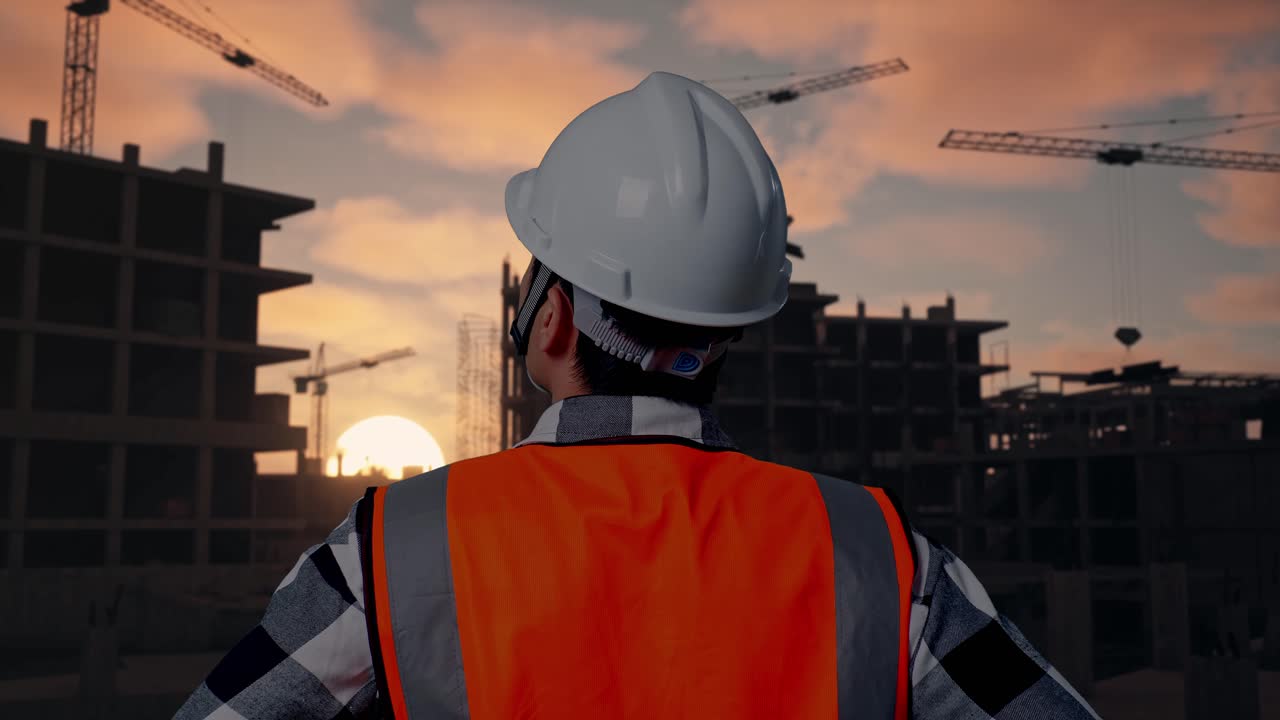 Close Up Back View Of A Male Engineer Wearing Safety Helmet Looking Around While Standing With Arms Akimbo At Building & Construction Site in Progress to New House