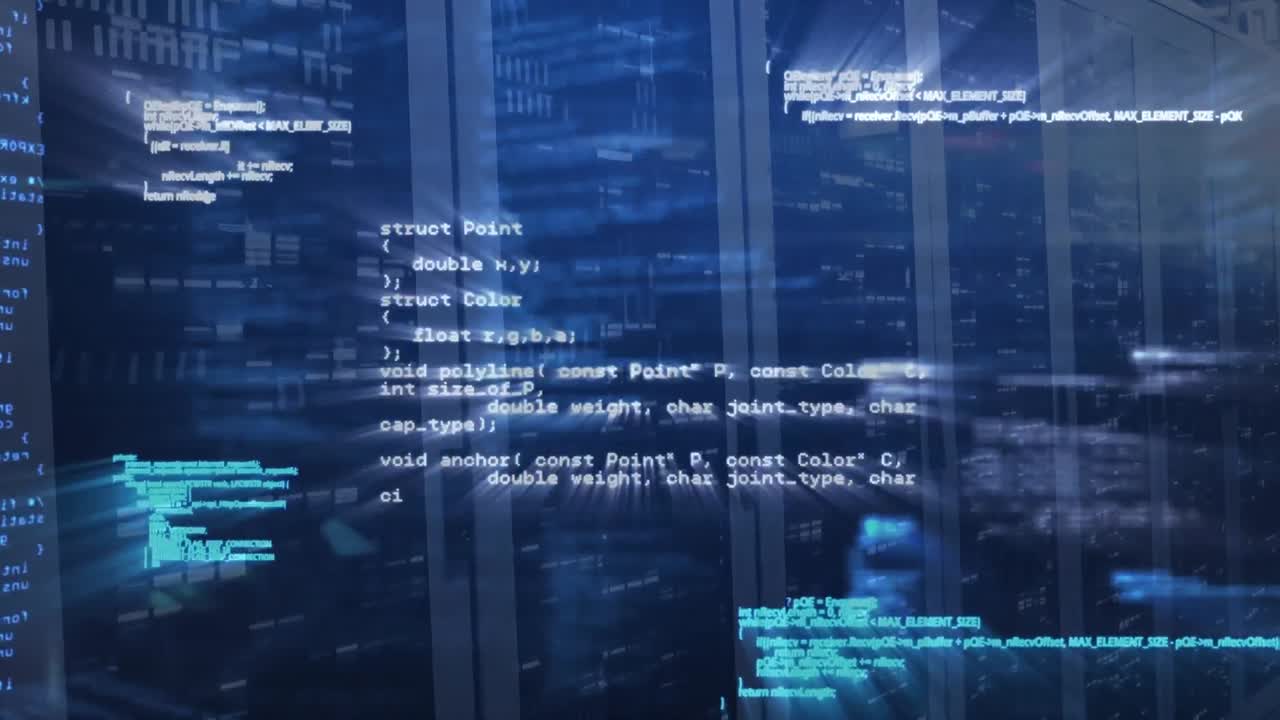 Animation of computer language over bars against server room in background