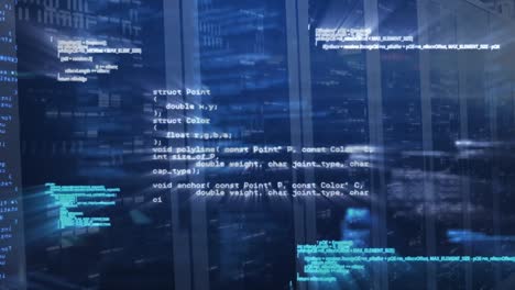 Animation-of-computer-language-over-bars-against-server-room-in-background