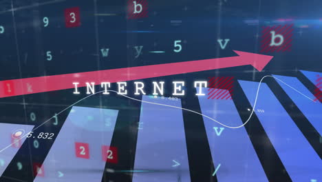 animación del texto de conexión a internet, línea con procesamiento de datos financieros y flecha roja