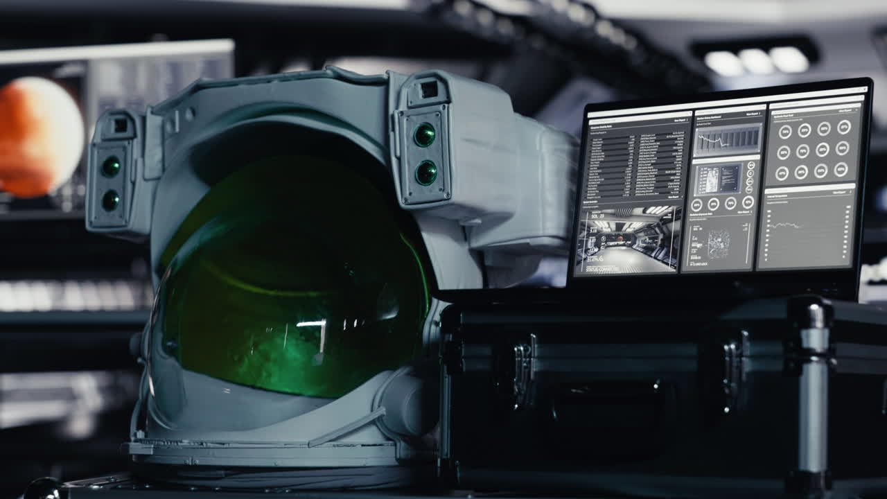 Space helmet next to laptop in spaceship showing mission logs during flight