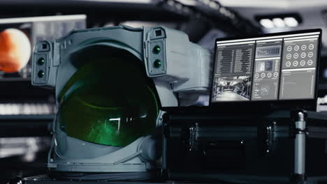 space helmet next to laptop in spaceship showing mission logs during flight