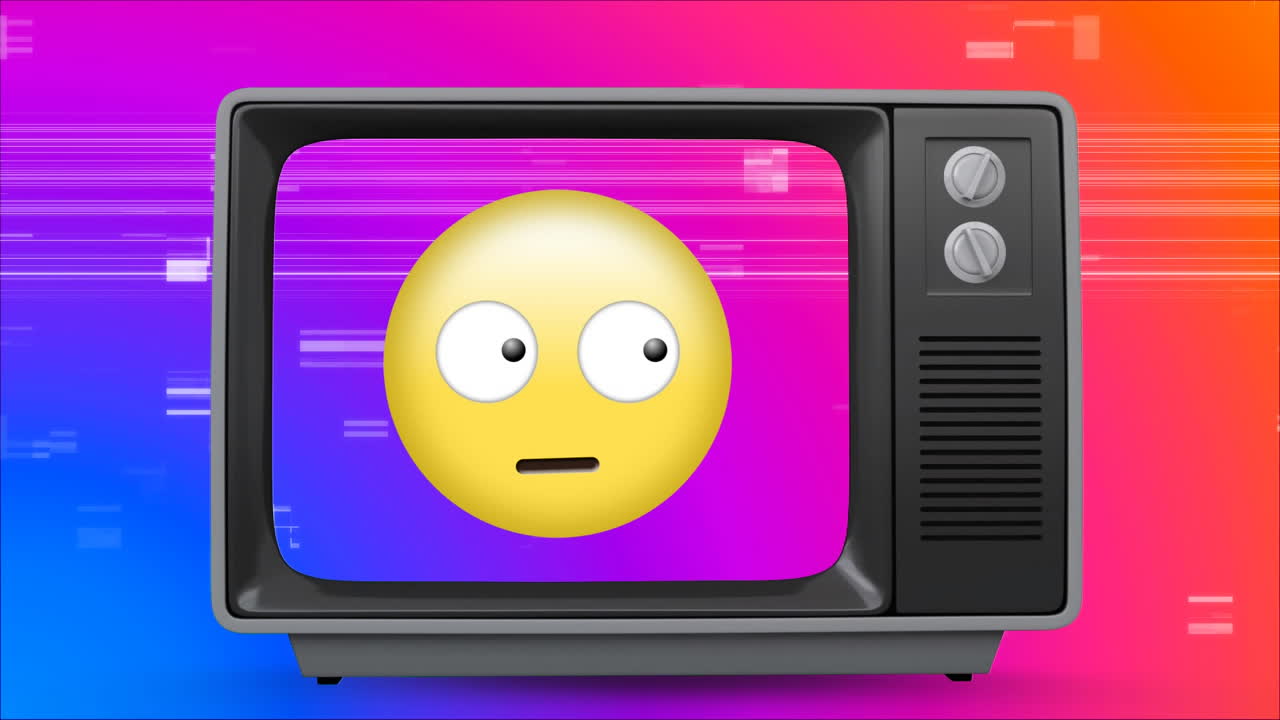 viejo televisor con emoji mirando a su alrededor con los ojos moviéndose en la pantalla