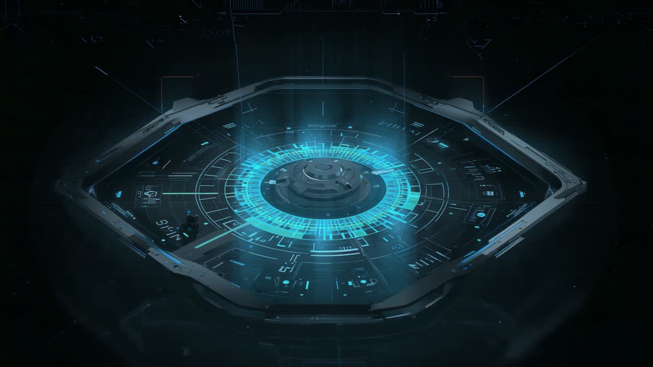 Receiving signal, hex base activating, rotating center disc and emitting cyan ring in control bay