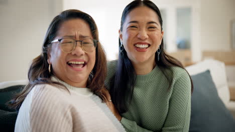 happy, sofa and face of woman with her senior
