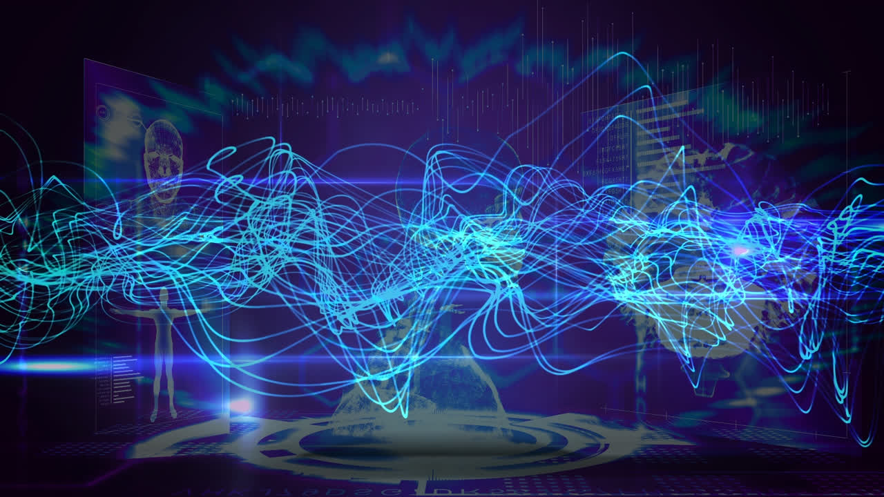 해부학적 데이터와 회전하는 골격과 함께 화면 위에 움직이는 파란 파동의 애니메이션