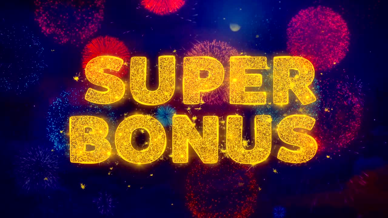 Super Bonus Text on Colorful Firework Explosion Particles.