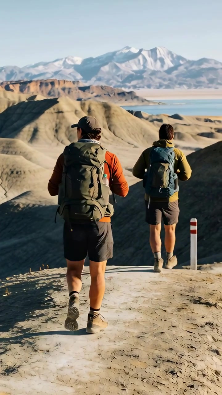 Video verticale: Escursionisti che camminano su una cresta con cima arancione e zaini, si fermano a un segnale e poi si spostano verso il lago.