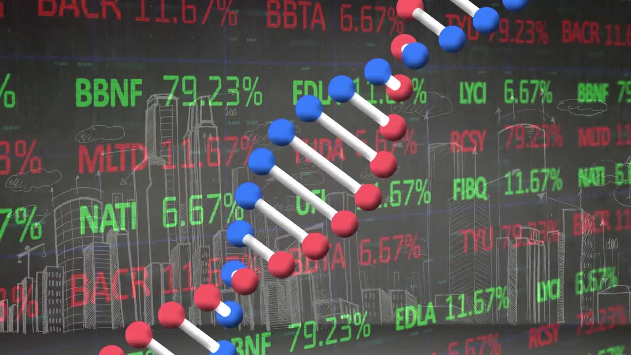 dna 가닥 회전의 애니메이션, 도시 풍경에 대한 데이터 처리