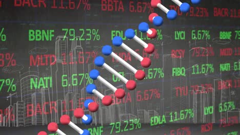 animation of dna strand spinning, data processing over cityscape