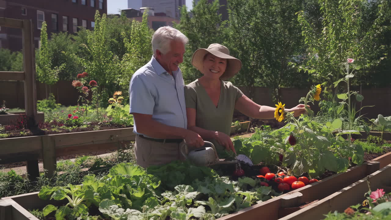 Senior Couple Tending to Their Urban Garden