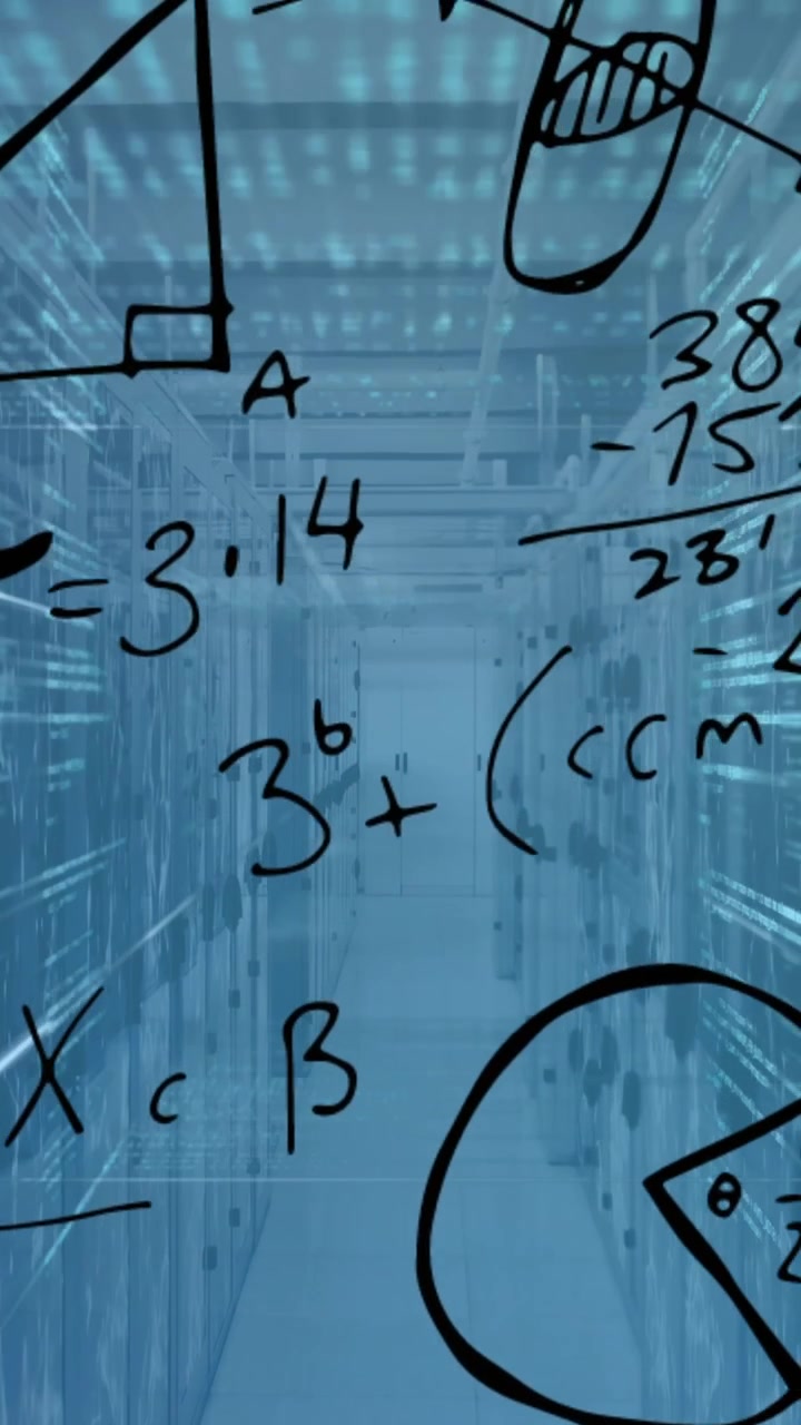 Animation of mathematical equations and data processing against computer server room