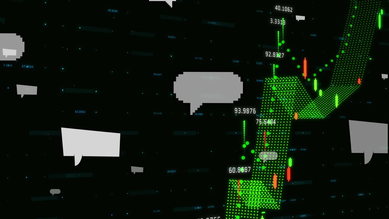 검은색 배경에 대한 금융 데이터 처리에 떠있는 검은색 음성 거품의 애니메이션