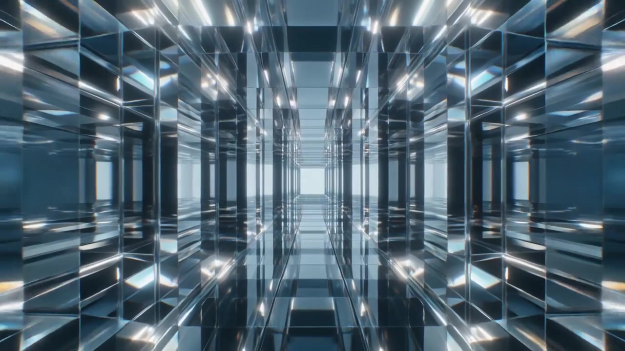 Abstract 3D Tunnel with Reflective Glass Surfaces and Glowing Lights